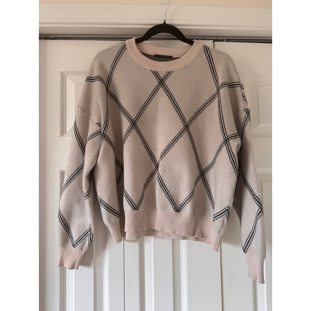 T Tahari Beige & Black Windowpane Knit Sweater Size Large Soft Crewneck Pullover
